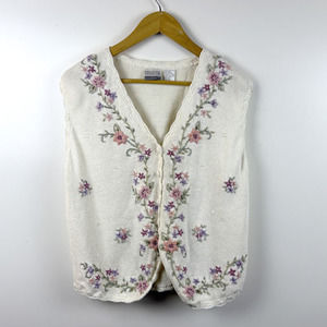Vintage Erika Cottagecore Grannycore Floral Embroidered Beaded Knit Vest Cream